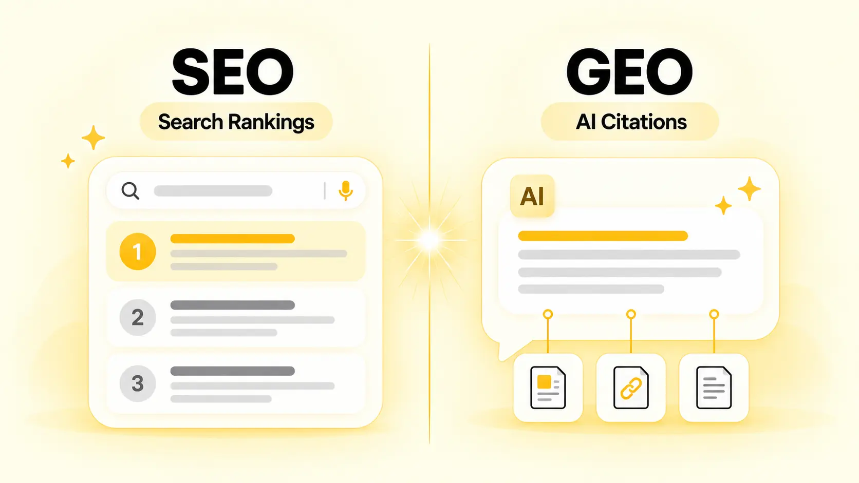 Comparison of GEO and SEO showing the differences between traditional search optimization and AI search optimization