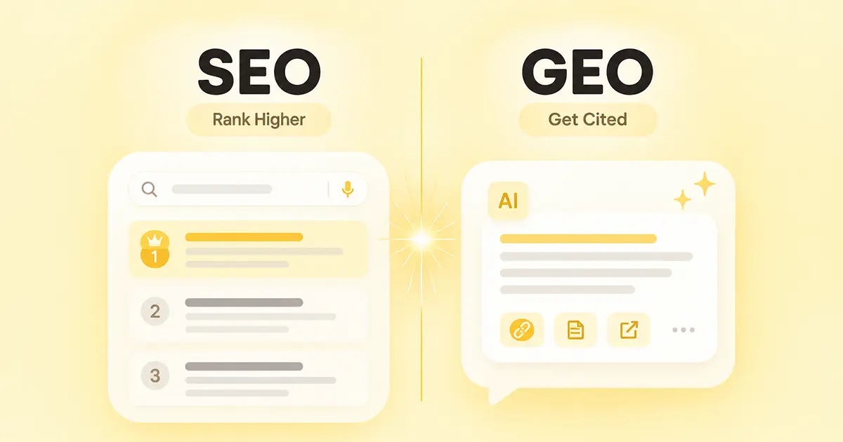 GEO vs. SEO comparison showing traditional search engine optimization and AI-powered generative engine optimization.
